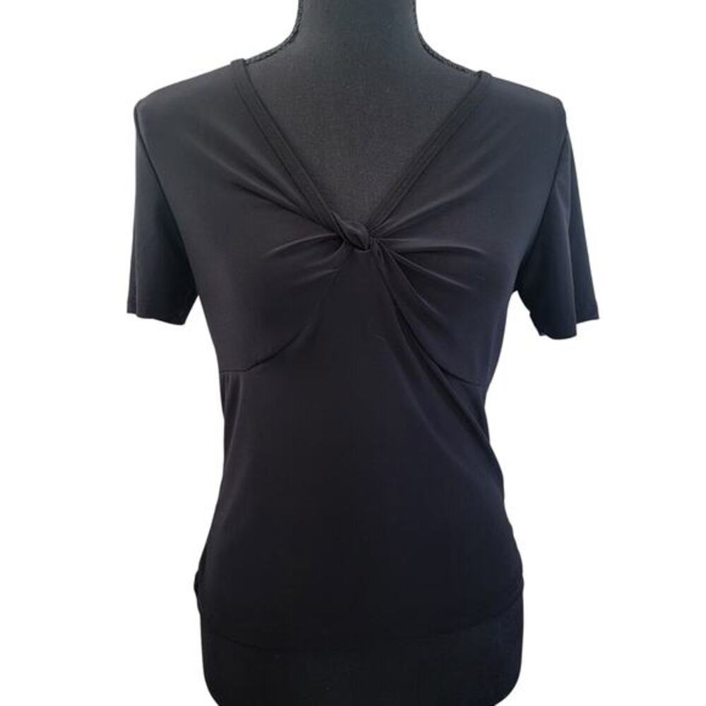 Susan Lawrence V-Neck Black Knit‎ Top Shirt Sz PM Petite Medium Short Sleeve